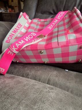 Pink Gingham Tote with Branded Strap